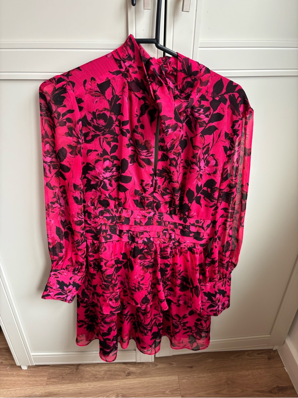 Amanda Uprichard Floral Tie-Neck Mini Dress in Fuchsia Black
